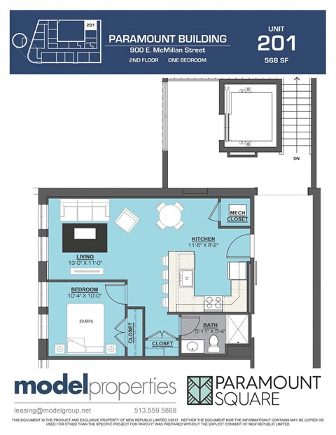 Floor plan for 1 bed, 1 bath, 568 sqft